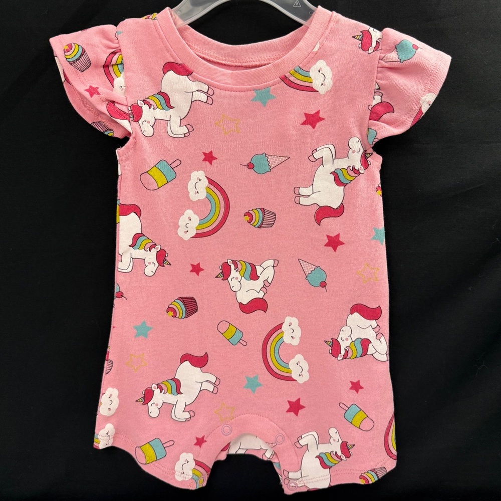 Pink Unicorn Rainbow Baby Romper size 3-6m Ruffle Sleeves NWOT